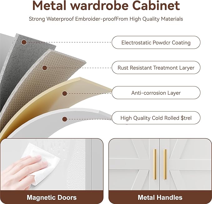 Farmhouse Wardrobe Cabinet with One Drawers,Metal Wardrobe Closet with Hanging Rod,Metal Armoire with Adjustable Shelves for Bedroom,Living Room, Cloak Room,Office (White)