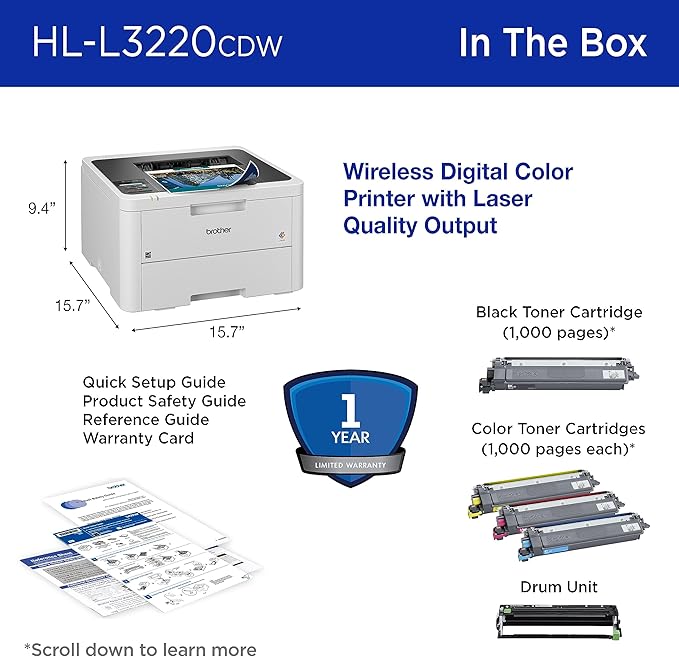 Brother Color Laser Printer with Wireless Printing Fast 19 PPM Output, Duplex Feature, Mobile Device Compatible, 250-Sheet Paper Tray for Professional Home Office Printing (HL-L3220CDW)