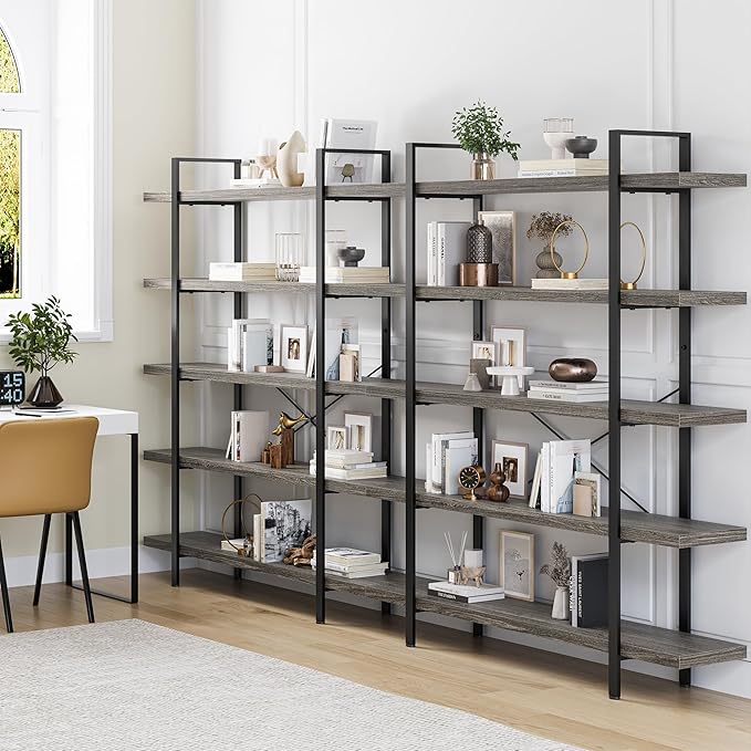 Heavy Duty 5-Tier Industrial Bookcase, 47" Wide Wood Bookshelf for Home Office, 120lbs Shelf Capacity, Rustic Shelving Display with Reinforced Horizontal Shelf for Living Room Bedroom,Grey