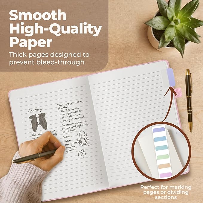 Classic Lined Journal Notebook 8.5x11" A4 Hardcover Leather - Pink - 200 Pages College Ruled Large with Sticky Tabs, Pockets, and Pen Loop for Writing and Journaling - Big Hardback Men and Women