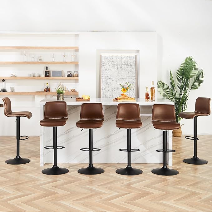 HeuGah Bar Stools Set of 3, Swivel Counter Height Barstools with Back, Adjustable Height 24" to 32", Brown Faux Leather Bar Chairs for Kitchen Island (Brown, Set of 3 (24'' to 32''))