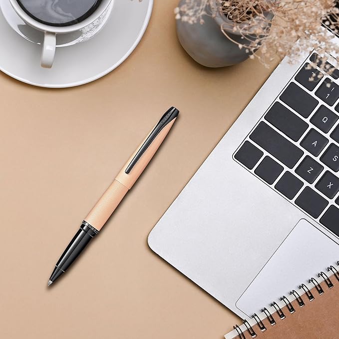 Cross ATX Refillable Rollerball Pen Presented in a Luxury Gift Box - Medium Point, Black Ink, Sandblasted Rose Gold