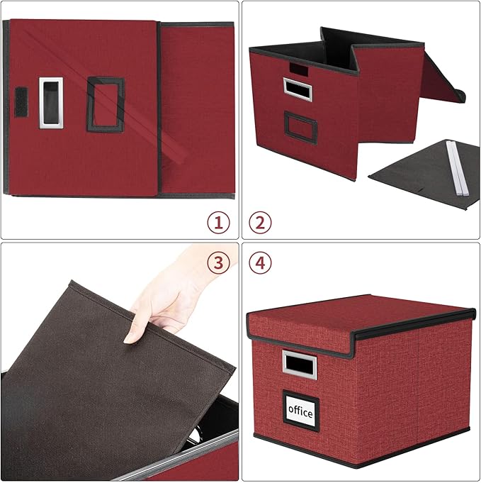 Huolewa File Storage Organizer Box with lid, Decorative Small Oragnizer Boxes for Hanging File, Linen Filing Box Cabinet with Plastic Slides for Office/Decor/Home Organization