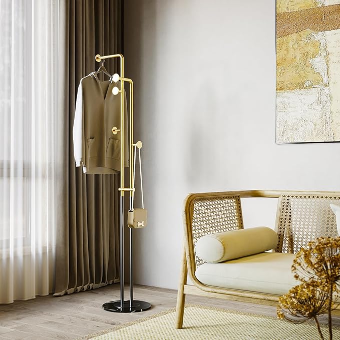 Coat Rack Stand,Black and gold Clothing Rack Freestanding with Marble Base,Metal Coat Hanger Rack,coat tree for Entryway Bedroom Hotel Hall