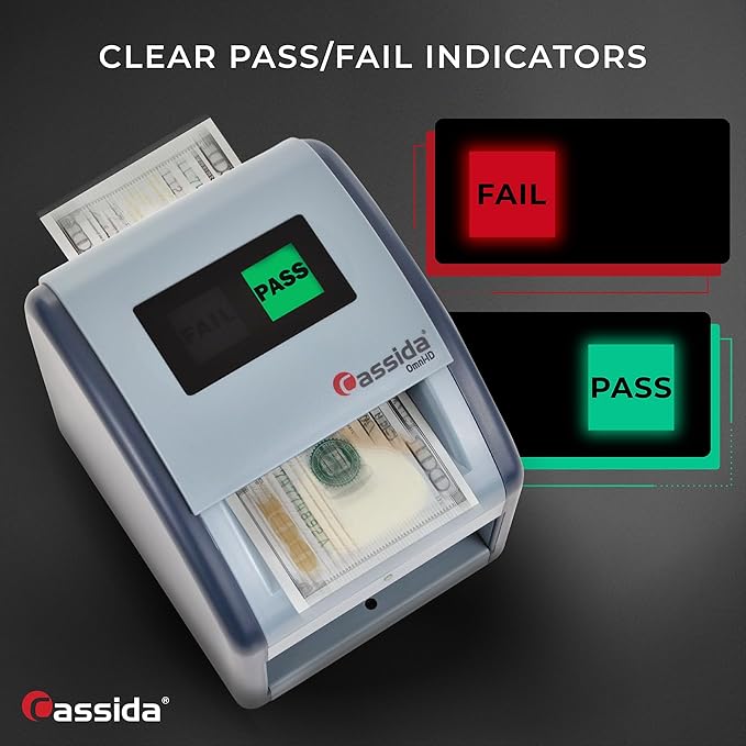 Cassida Omni-ID 2-in-1 Currency Counterfeit Detector with UV Identification Verification Lights – Bill Checker with Infrared, Magnetic and Ultraviolet Sensors - Easy to Read PASS/FAIL Display