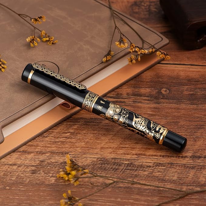 Hongdian 8037 Chinese Classical Fountain Pen, Iridum Extra Fine Gold Nib with Chinese Deer Totem Design, Smooth Writing Pen with Ink Converter and Metal Pen Box Set