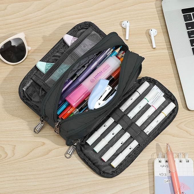 Della Gao Small Pencil Case Large Capacity Pencil Pouch Marker Pen Bag Coin Pouch Office Stationery Organizer (Black-3BKRH)