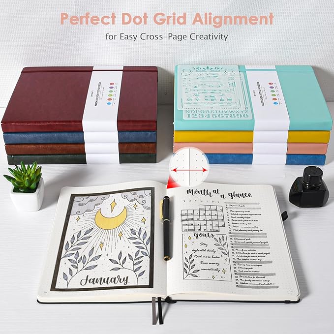 Dotted Journal Notebook, 312 Numbered Pages Large B5 Hardcover Leather Notebook, 100gsm No Bleed Paper Dot Grid Notebook with Index Pages, Dot Journal for Women Men, 7.6'' X 10'', Pink