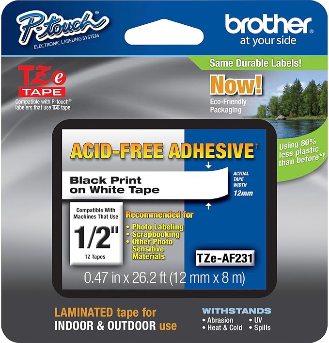 Brother Genuine P-touch TZE-AF231 Tape,1/2" (0.47") Wide Acid-Free Adhesive Laminated Tape, Black on White, Safe for Photo-Labeling or Scrapbooking, Water-Resistant,0.47" x 26.2' (12mm x 8M), TZEAF231