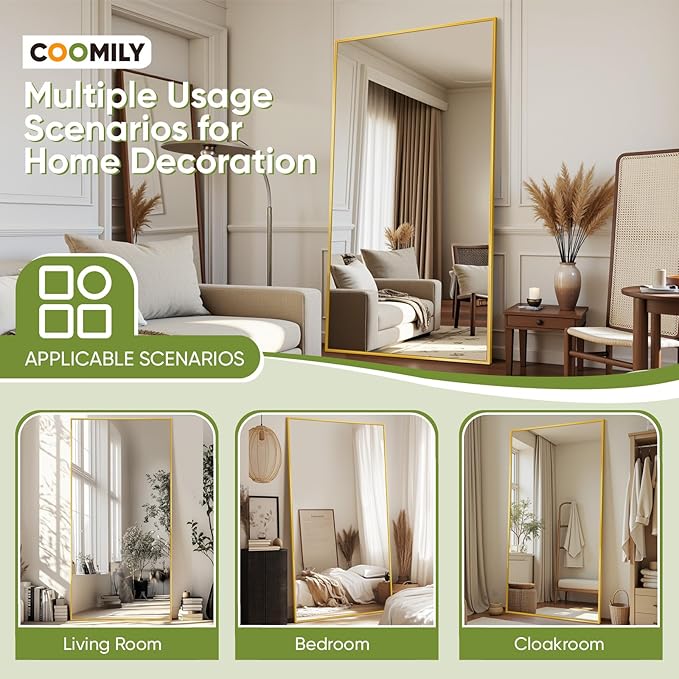 Full-Length Floor Mirror with Stand, 76"x34" Rectangle Style Full Body Standing Mirror for Bedroom, Living Room, Gym, Dorm - Shatter-Resistant & Easy Assembly, Gold