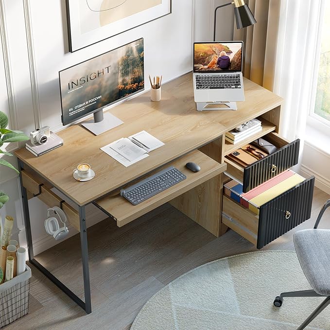 Bestier 55 Inch Computer Desk with Keyboard Tray, Modern Office Desk with Storage, Wood Writing Desk with File Drawer, Fluted Panel & 2 Hooks for Home Office & Studio, Natural Oak