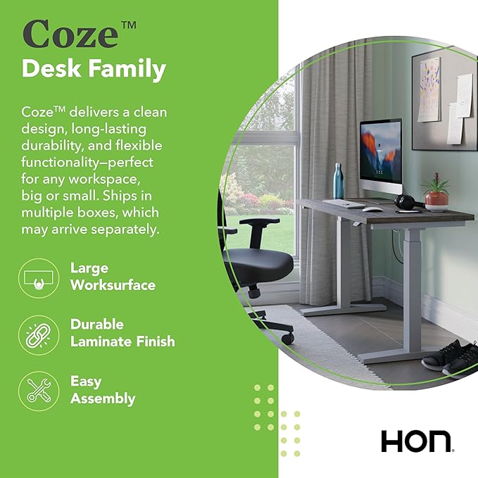 HON Coze Electric Standing Desk Adjustable Height, Coordinate Height Adjustable Desk, 48", Walnut Top, Black Base