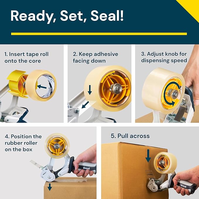 Excell Anti-Backflow Metal Packaging Tape Dispenser (2" Wide) with 2 Roll Tapes: Ideal for Packaging, Transportation, Moving, and Box Sealing. Includes Tape Gun and Two Tapes