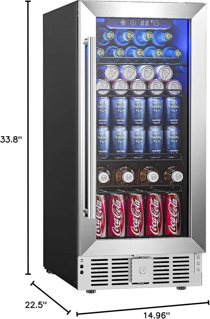 EUHOMY 15 Inch Beverage Refrigerator Cooler Under Counter 127 Cans Beverage Fridge Built-in or Freestanding with Glass Door, LED Light, Beer Fridge for Soda, Water, Wine - Home Kitchen Bar.