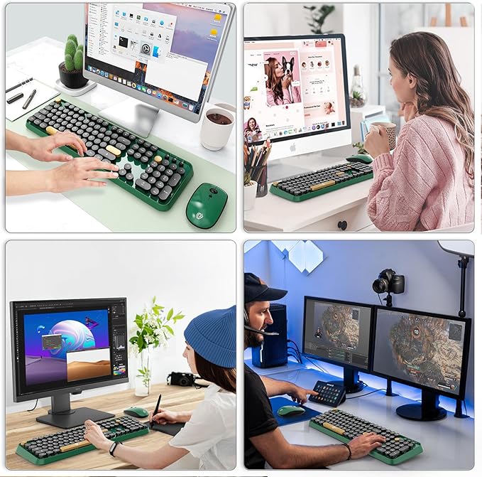 FD Wireless Keyboard and Mouse | Cute Colorful Keyboard and Mouse with 2.4GHz Cordless Retro Typewriter Keyboard | Auto-Sleep | USB Receiver for Windows PC/Laptop - Green Colorful