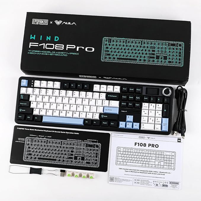EPOMAKER X Aula F108 PRO Wireless Gaming Keyboard with Screen, 8000mAh Battery, 104 Hot-Swappable and Programmable Keys and Knob, RGB Backlight, for Mac/PC/Android (Blue&White&Black)