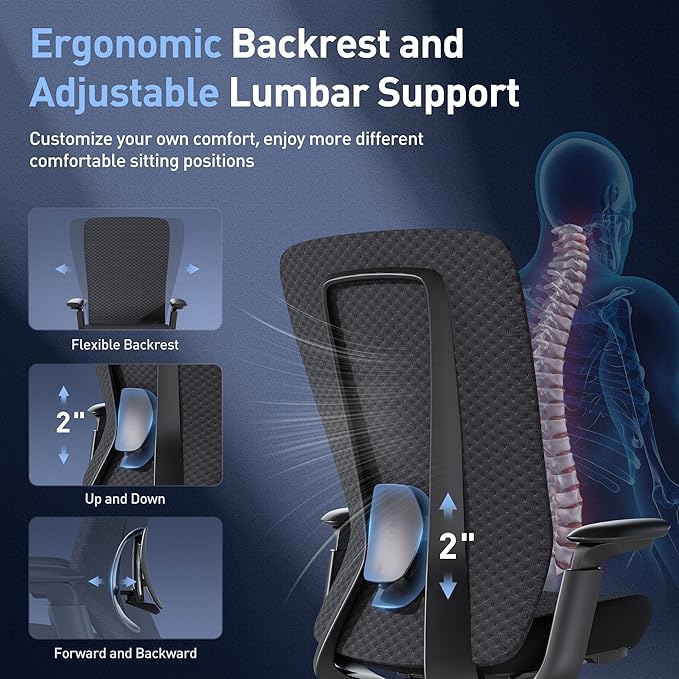 COLAMY Ergonomic Mesh Office Chair, Computer Executive Desk Chair, Ergonomic Office Chair Lumbar Support with Flexible Backrest, Slide Seat, Blackgrey