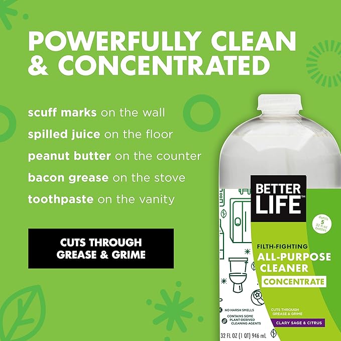 Better Life All Purpose Cleaner Concentrate- Multipurpose Home and Kitchen Cleaner for Glass, Countertops, Appliances, Upholstery & More - 32oz Clary Sage & Citrus Concentrate