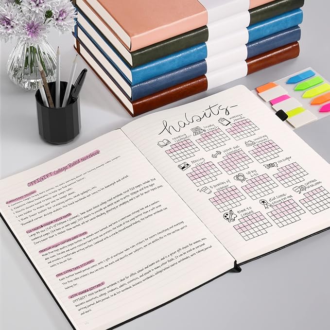 College Ruled Notebook, Large B5 Lined Journal Notebook, 314 Numbered Pages Work Notebook with Index Stickers, 100gsm Thick Paper, Hardcover Vegan Leather Journal for Women Men School Office, Blue