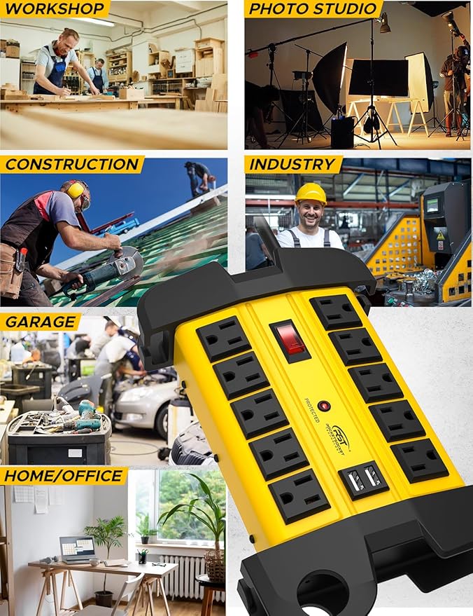 CRST Heavy Duty Power Strip with USB (3.1A),10-Outlet Metal Surge Protector Power Strip with 15FT Cord(2800J),15A Circuit Breaker, Wall Mount, ETL Listed