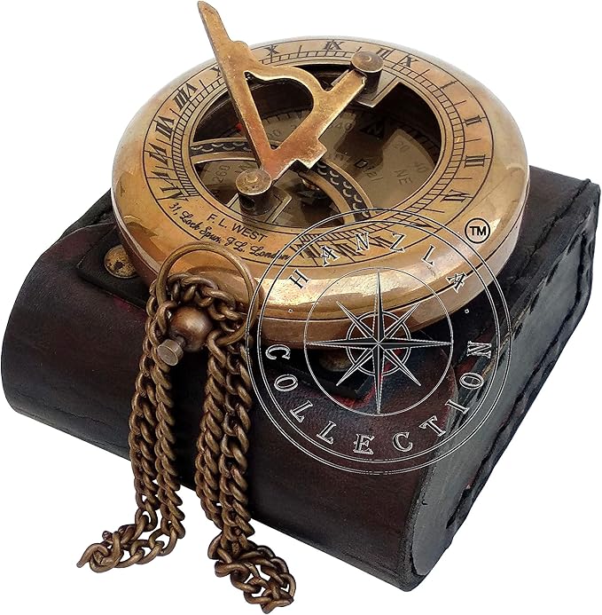 Brass Sundial Compass with Leather Case and Chain - Push Open Compass - Steampunk Accessory - Beautiful Handmade Gift - Nautical Sun Clock