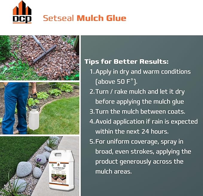 DCP Setseal Mulch Glue for Landscaping 1 Gallon - Gravel Stabilizer & Rock Glue - Works with Mulch, Pea Gravel, Pebble, Rubber Mulch, Large Gravel, Rocks - Ready-to-Use, Non-Toxic, Fast Drying