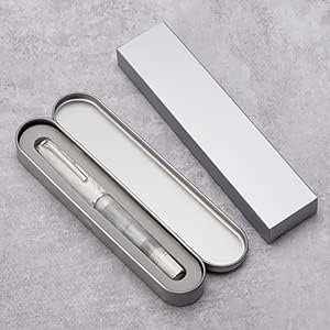 Hongdian N8 White Acrylic Resin Fountain Pen, Iridium Fine Nib Silver Plated Feather Carving Cap Smooth Writing Pen with Converter and Metal Pen Box Set