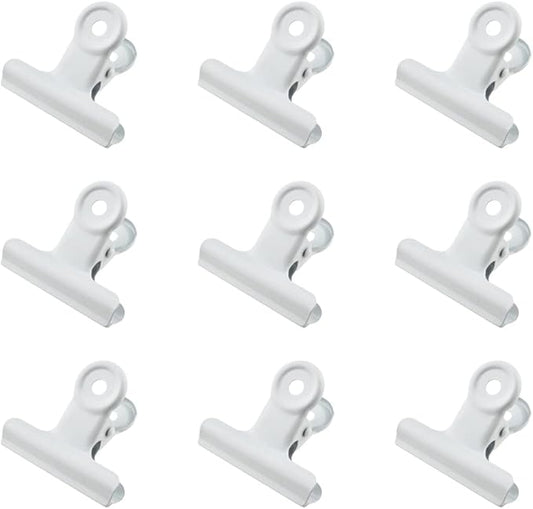 HAHIYO 2.5inch White Bulldog Clips Metal File Hinge Binder Clips Clamps Save Space Strong Spring Jaws Rock Solid Grip Book Lay Flat Deburred Edge for Hang Photos Wall Grid Dog Food 9PCS