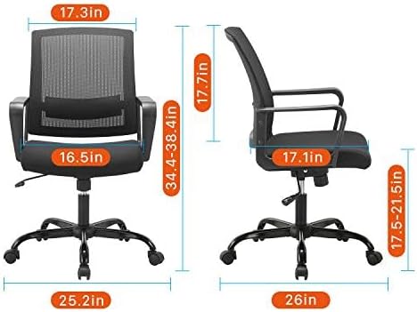 CLATINA Office Chair, Mid Back Ergonomic Desk Chairs Rolling Mesh Computer Chair with Executive Lumbar Support and Height Adjustable Design for Home Office, Black