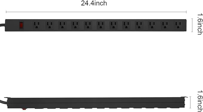 HHSOET Metal Wall Mount Power Strip, Mountable Power Outlet with 12 AC Outlets, Aluminum Alloy Mount Power Socket with Switch, 10 FT SJT 3/C 14AWG Power Cord, 15A 125V 1875W (12AC) Black