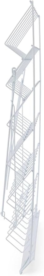 Displays2go Wire Magazine Rack with 6 Open Tiers, Holds Both Magazines and Brochures, Includes Sign Channel at the Front - White Wire