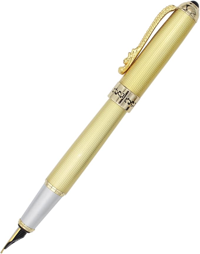 Gullor Fountain Pen with Ink Converter, Golden Dragon Clip, Executive Pen for Smooth Writing, Fine Nib, Gold