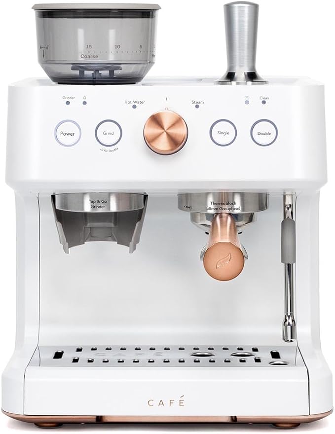 Café Bellissimo Semi Automatic Espresso Machine + Milk Frother | WiFi Connected, Smart Home Kitchen Essentials | Built-In Bean Grinder, 15-Bar Pump & 95-Ounce Water Reservoir | Matte White