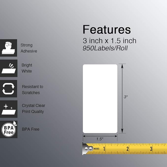 BETCKEY - 3" x 1.5" (76 mm x 38 mm) Barcode Shipping & Address Labels Compatible with Zebra & Rollo Label Printer,Premium Adhesive & Perforated [16 Rolls, 15200 Labels]
