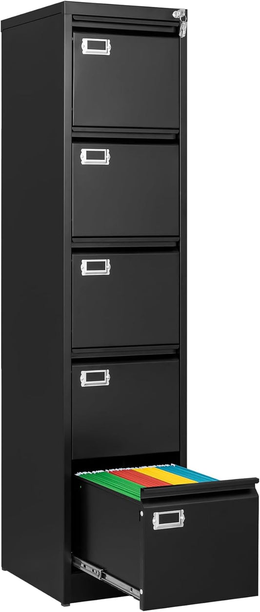 File Cabinets - 5 Drawers Vertical 17.8" Deep Lockable Filing Cabinet - Black & Gray Metal Storage Cabinets for Home Office to Hanging Files Letter/Legal/F4/A4 Size
