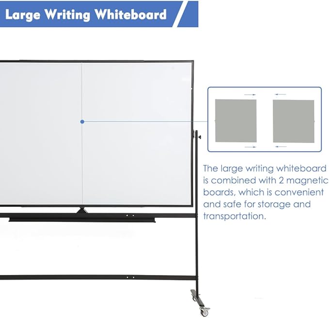 FORTUNO Large Magnetic Mobile Whiteboard 72"x40", Rolling Double Sided Stand Whiteboard on Wheels, Reversible Adjustable Height/Angle Dry Erase Board Easel White Board for Office Classroom, Black
