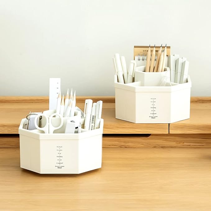 Desk Organizer, 360-Degree Rotating Multi-Functional Pen Holder, 5 Compartments Desktop Stationary Organizer, Home Office Art Supply Storage Box Caddy (White)