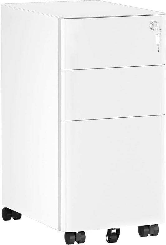 DWVO 3-Drawer Vertical File Cabinet, Mobile Filing Cabinet with Lockable, Pre-Assembled Compact Slim File Cabinet, Portable Office Storage for A4/Letter/Legal Documents (White)