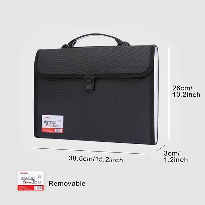 Extra Large Legal Size/Foolscap 12 Pockets Accordion File Organizer with Handle, TRANBO Portable Expanding File Folder, Expandable Plastic Document Organizer for Travel School Office - Black