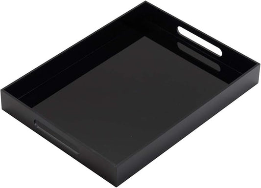 Glossy Black Sturdy Acrylic Serving Tray with Handles - 10x15 Inch, Coffee, Appetizer, Breakfast Tray - Butler, Kitchen to Vanity Table, Decorative