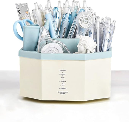 Desk Organizer, 360-Degree Rotating Multi-Functional Pen Holder, 5 Compartments Desktop Stationary Organizer, Home Office Art Supply Storage Box Caddy (White+Blue)
