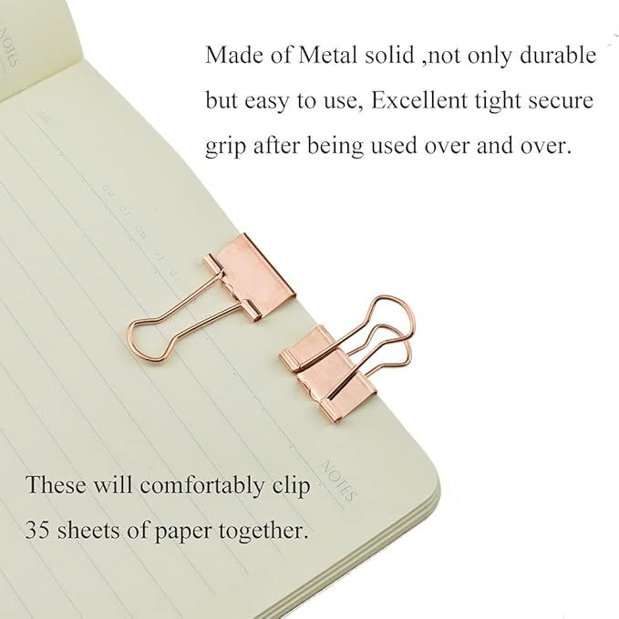 HAHIYO Binder Clips Paper Clamps Spring Steel Sturdy Small 0.75 inch Width 0.2 Inch Capacity No Sharp Edges Heavy Duty Tight Grip Reusable Rose Gold Metal Bright Finish for Home Office School 30 Pack