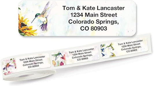 Colorful Images Fluttering Hummingbirds Rolled Personalized Return Address Mailing Labels with Dispenser, Customize with Name & Shipping Address, 500 ¾” x 2½ Self Adhesive, Easy Peel Label Roll