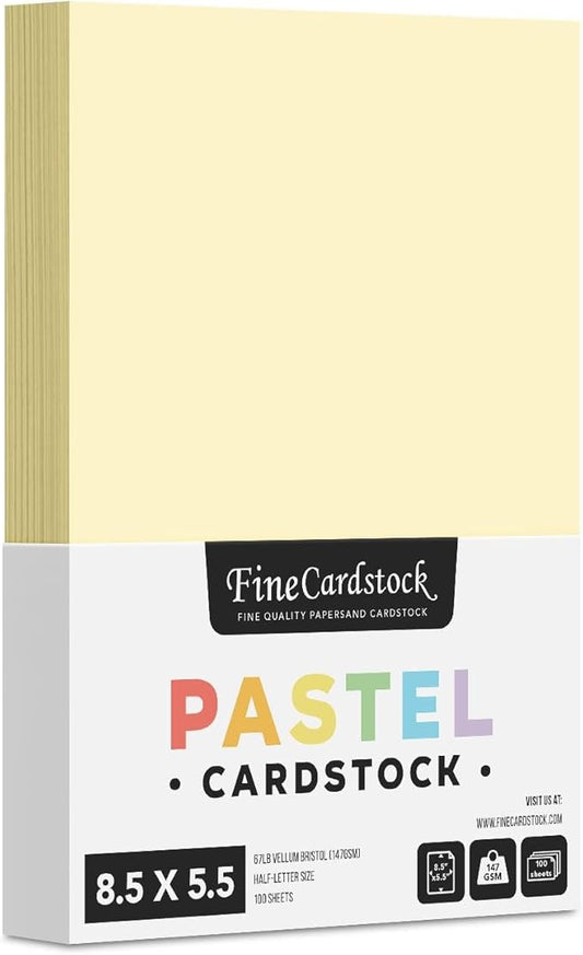 Half Letter Size, 8.5" x 5.5" Pastel Color Cardstock Paper for Arts and Crafts, Scrapbooking, Stationery Printing | Medium Weight 67lb Vellum Bristol (147gsm) Card Stock | 100 Sheets per Pack | Ivory
