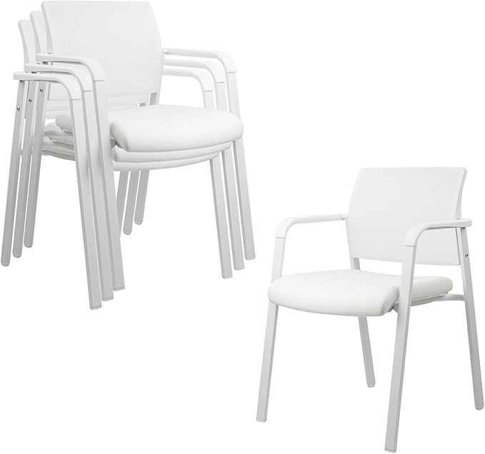 CLATINA Stacking Office Chairs | Mesh Back, Thicken Leather Seat and Arms, Ergonomic Lumbar Support | Guest Reception, Waiting, Conference, School, Party, Customer, Side, Stationary | Set of 4, White