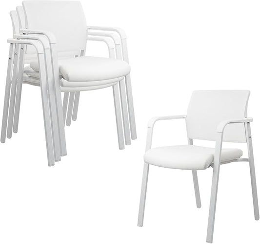 CLATINA Stacking Office Chairs | Mesh Back, Thicken Leather Seat and Arms, Ergonomic Lumbar Support | Guest Reception, Waiting, Conference, School, Party, Customer, Side, Stationary | Set of 4, White