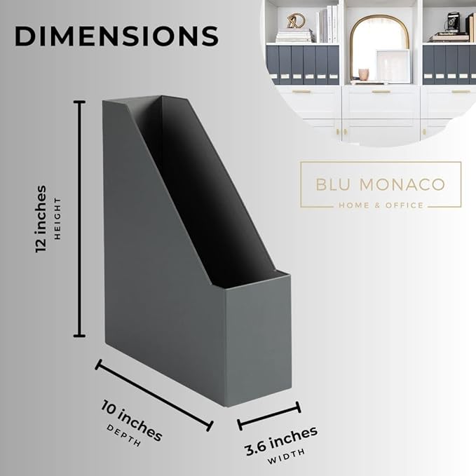 BLU MONACO Set of 6 Foldable Grey Magazine Holders with Gold Label Holders – Stylish File Boxes for Home Office Desktop, Bookshelf, or Classroom Organization