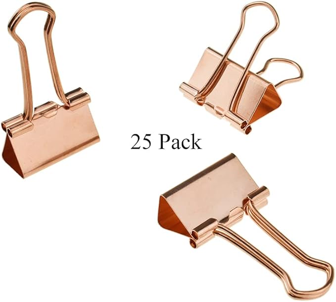 HAHIYO Binder Clips Paper Clamps Spring Steel Sturdy 0.98 inch Width 0.31 Inch Capacity No Sharp Edges Heavy Duty Tight Grip Reusable Rose Gold Metal Bright Finish for Home Office School 25 Pack