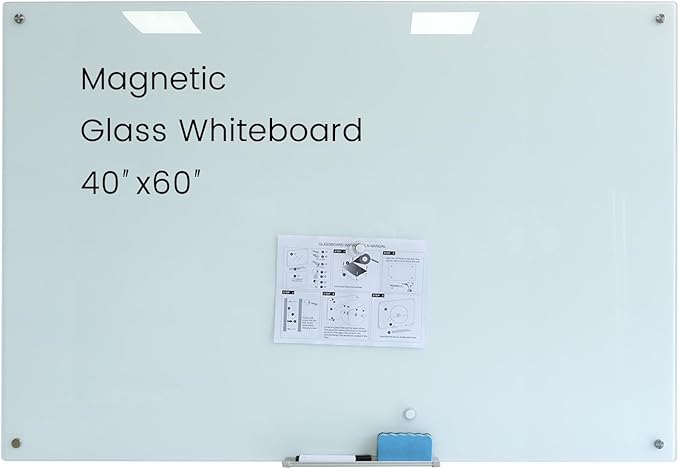 Glass Magnetic White Board – 60 x 40 Inches Dry Erase Glass Whiteboard for Wall, Large Wall Mounted Glass Board for School, Office and Home