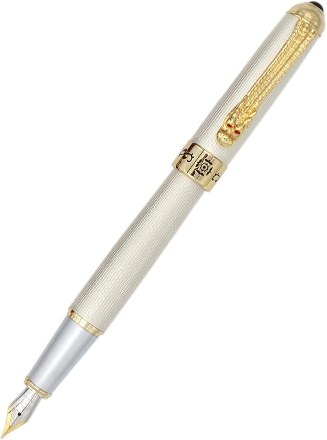 Gullor Fountain Pen with Ink Converter, Golden Dragon Clip, Executive Pen for Smooth Writing, Fine Nib, White